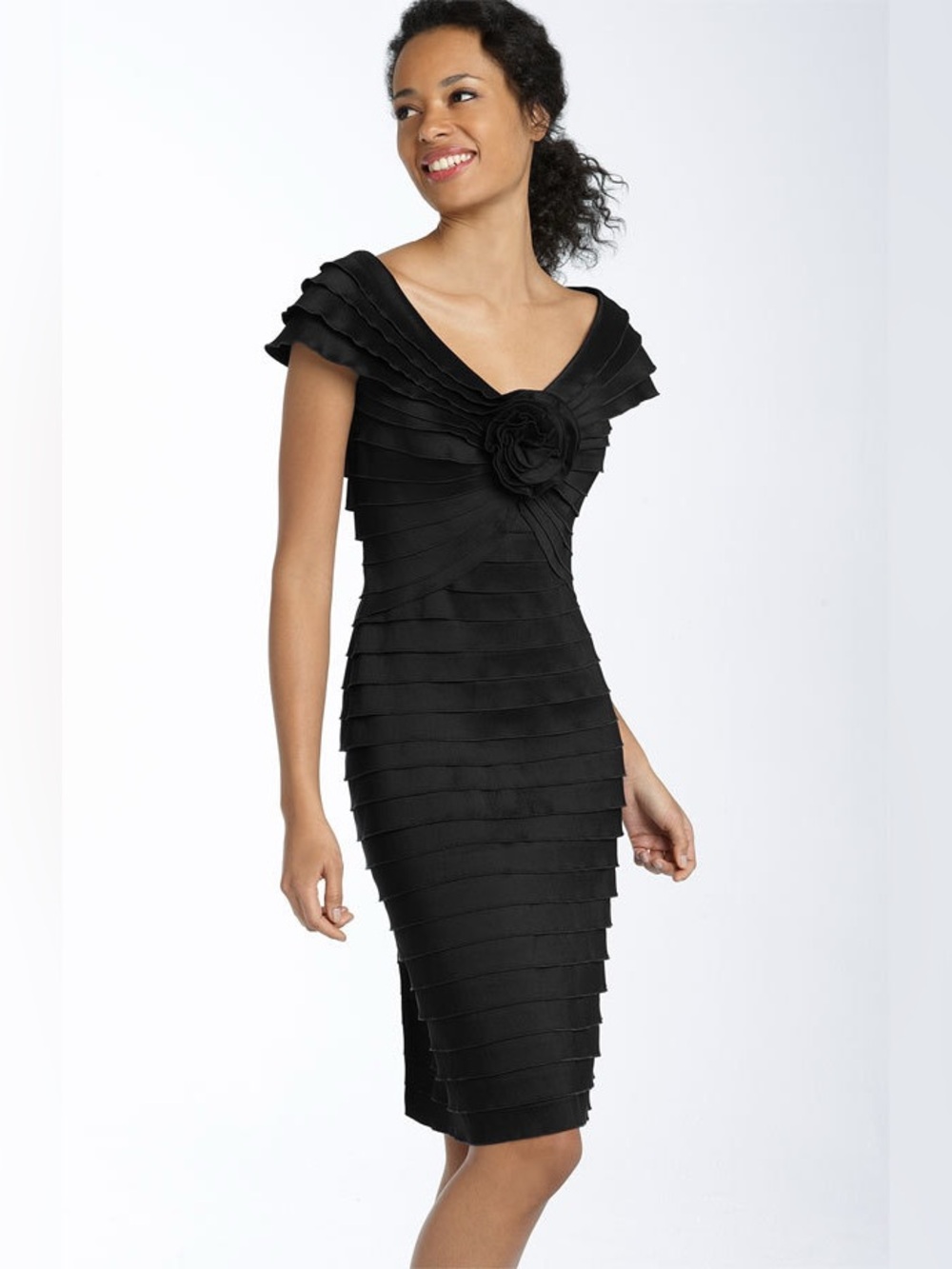 Tadashi Shoji Black Tiered Bandage Rosette Cocktail Dress Size 16 Elegant